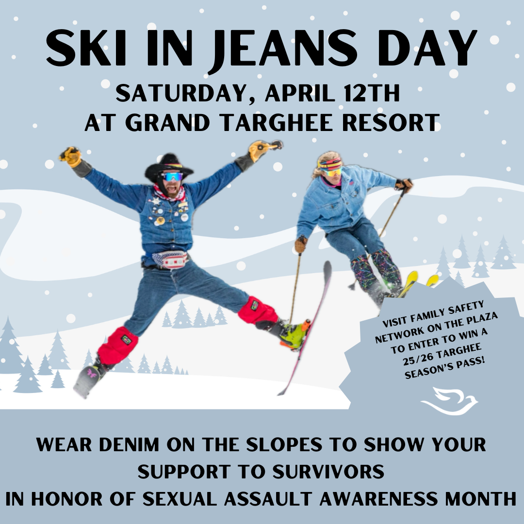 Two skiers in jeans on a snowy mountain with festive attire.