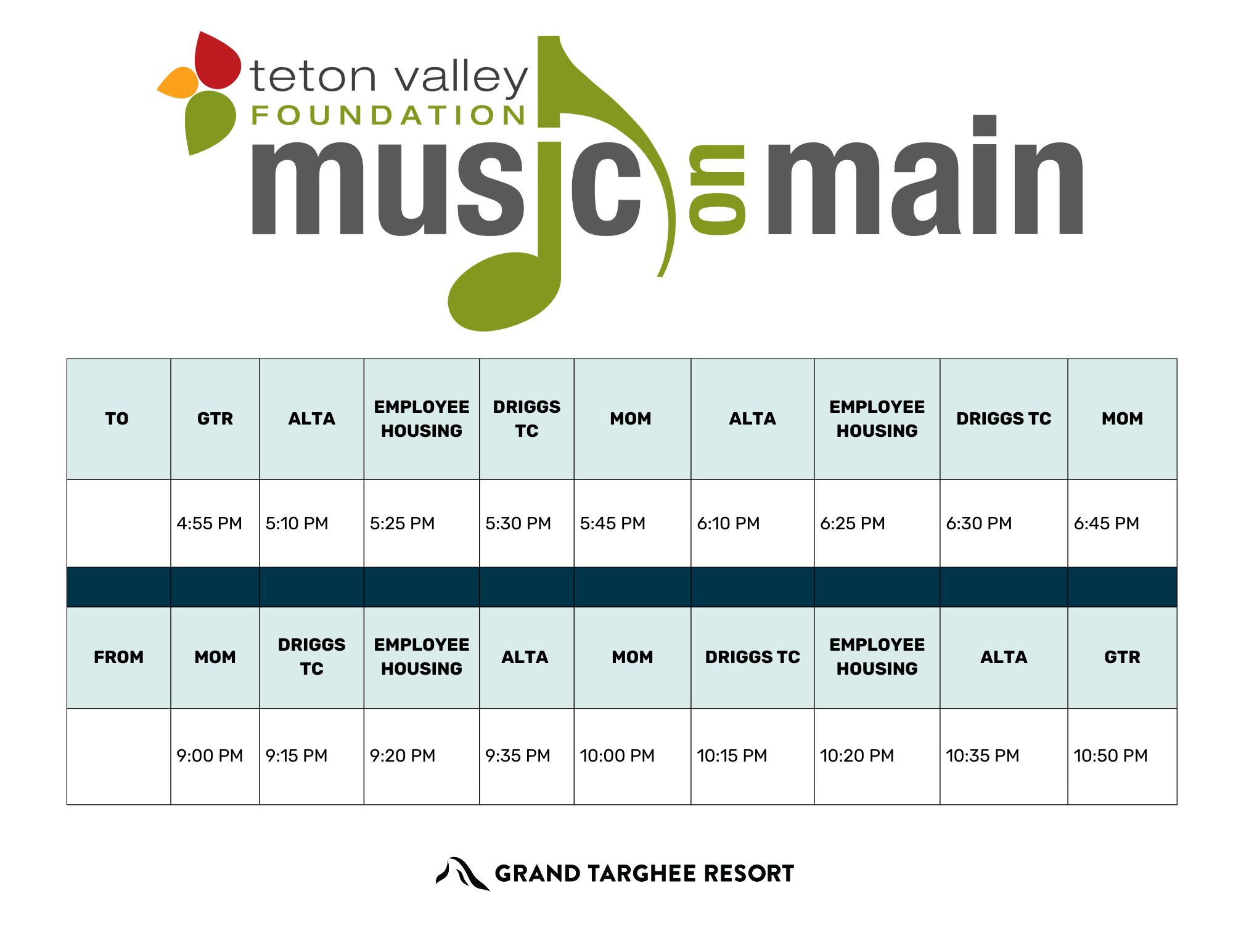 Music event schedule with dates and band names listed in a grid format.