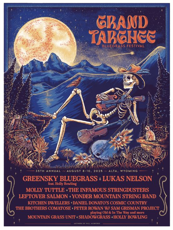 Skeleton playing banjo under a full moon with mountain backdrop, surrounded by trees.