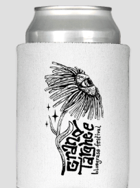 Can in white sleeve with artistic floral design.
