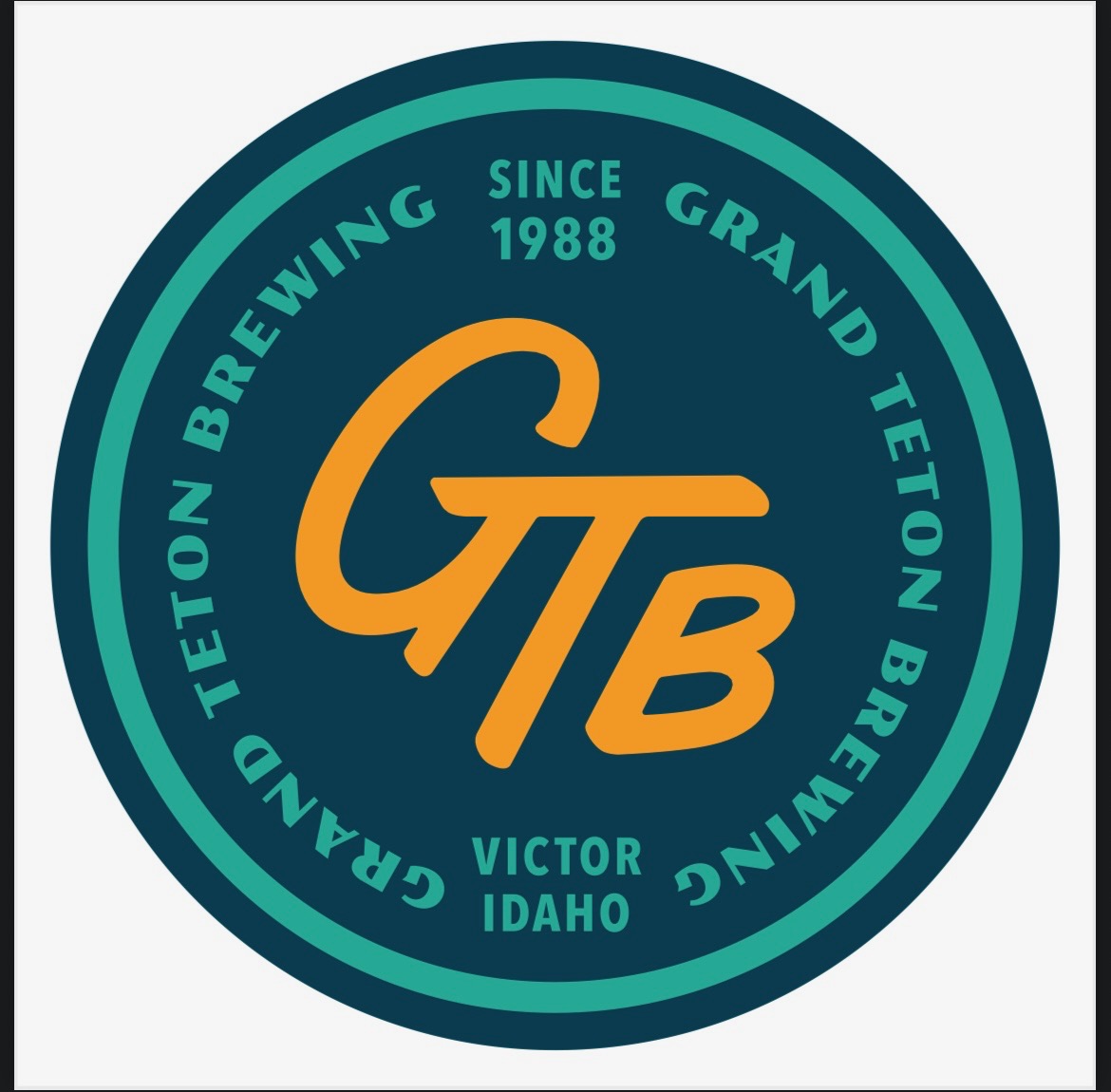 Grand Teton Brewing logo with "GTB" in orange, dark teal background.