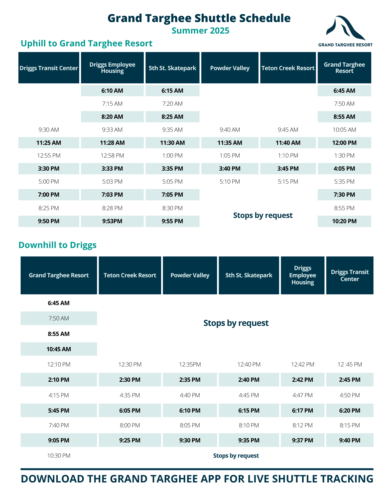 Grand Targhee Shuttle Schedule for summer 2023 in a detailed table format.