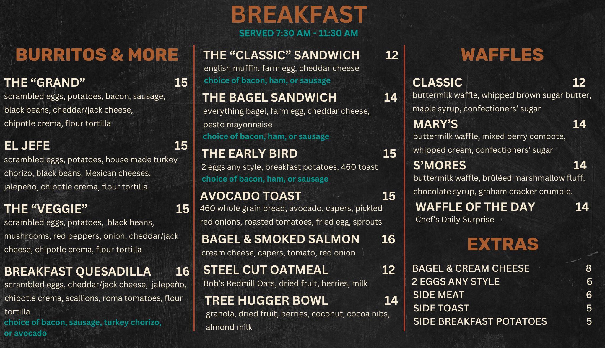 Breakfast menu with categories: Burritos, Sandwiches, Waffles, and Extras.