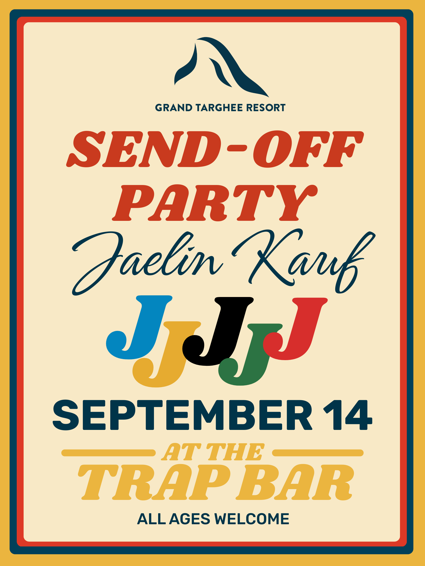 Send-off party poster with colorful text and trap bar location.