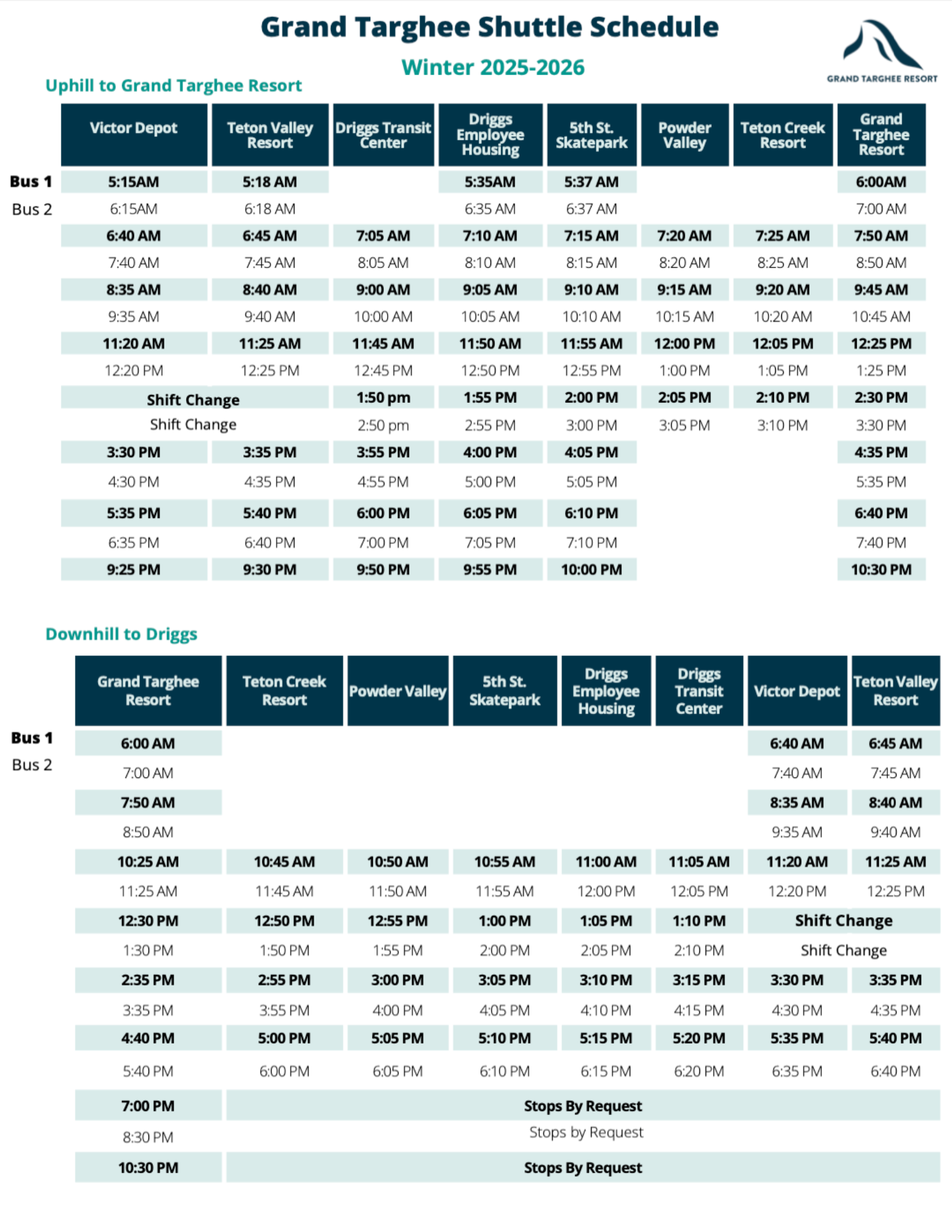 Grand Targhee shuttle schedule, winter 2023-2024, with departure and arrival times.