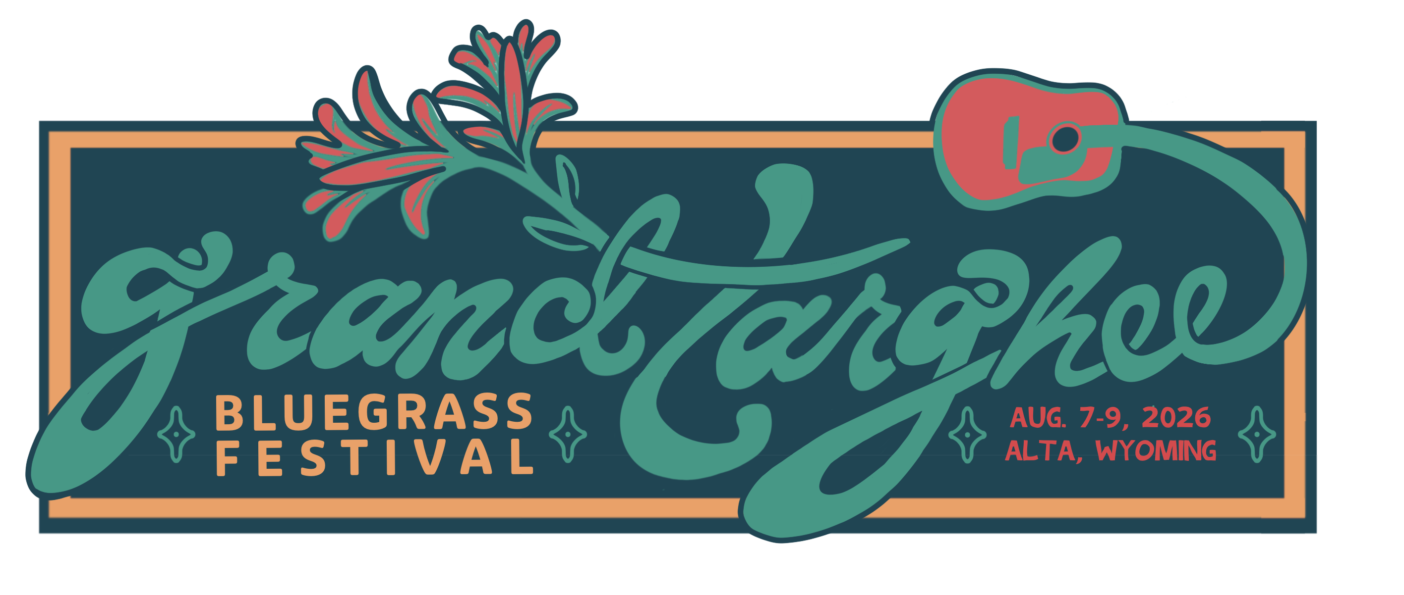 Grand Targhee Bluegrass Festival logo with floral and guitar graphics.
