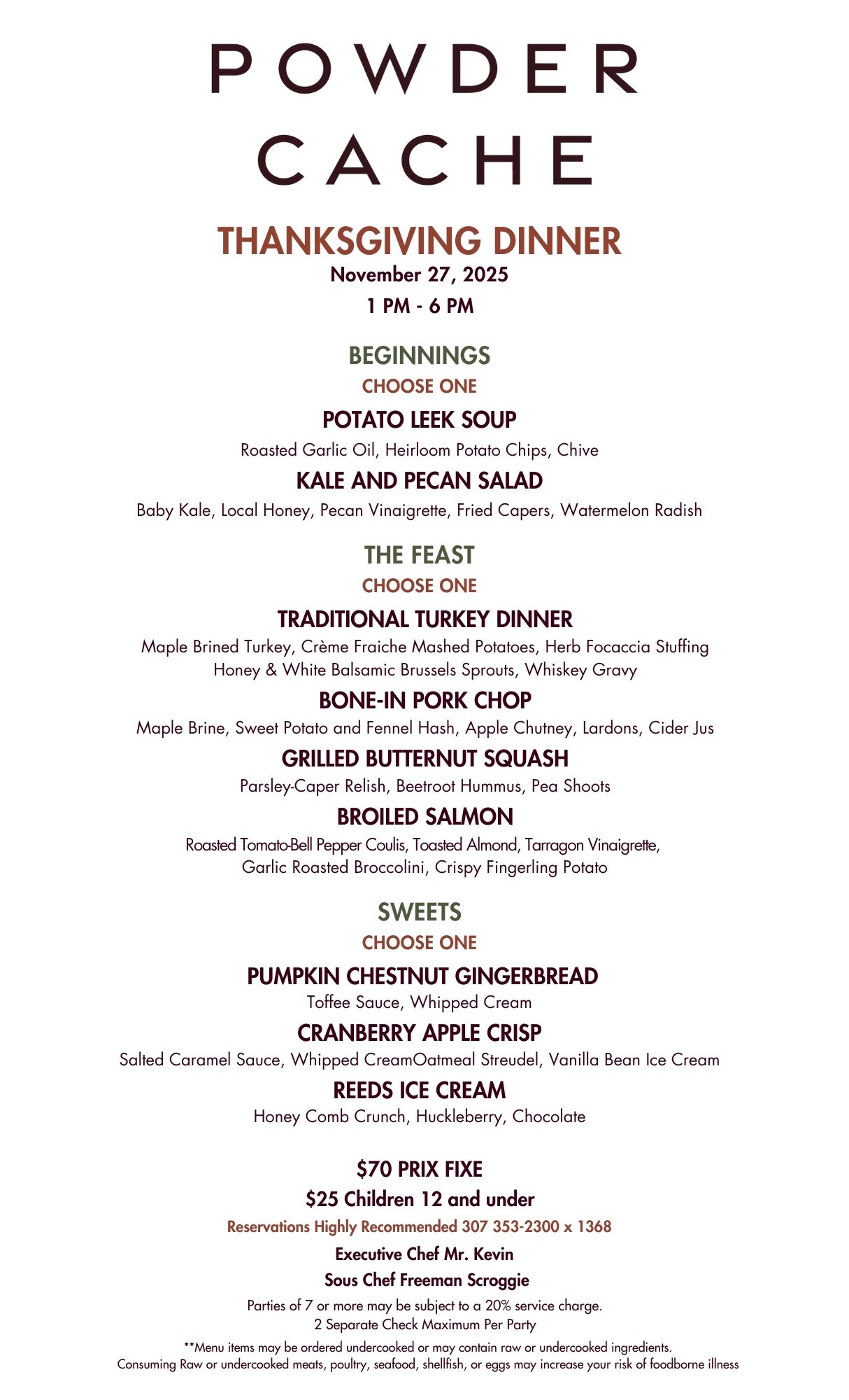 Thanksgiving dinner menu with appetizers, entrees, and desserts listed.