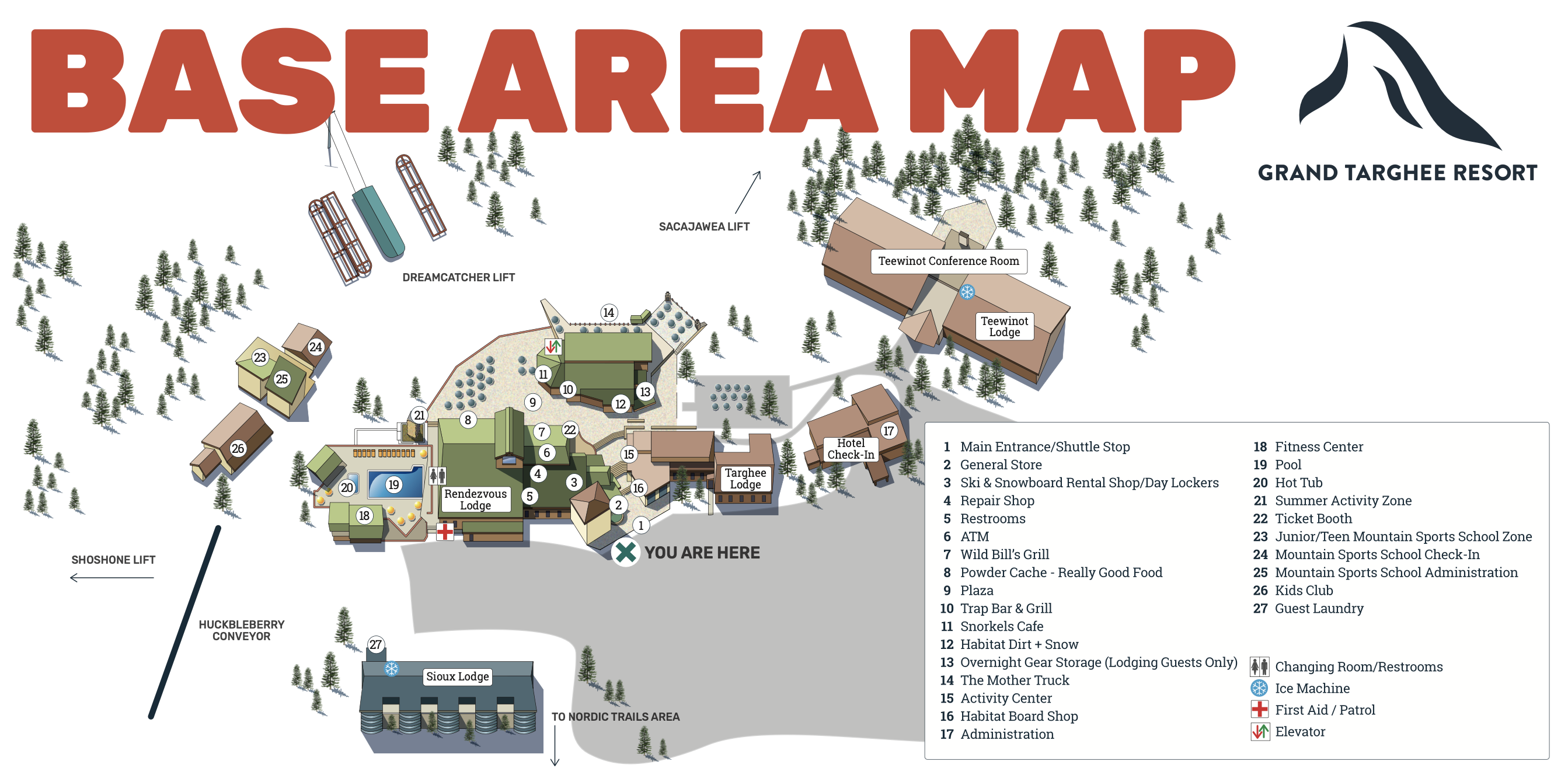 Base area map with buildings, ski lifts, and trees at Mt. Baker Ski Area.