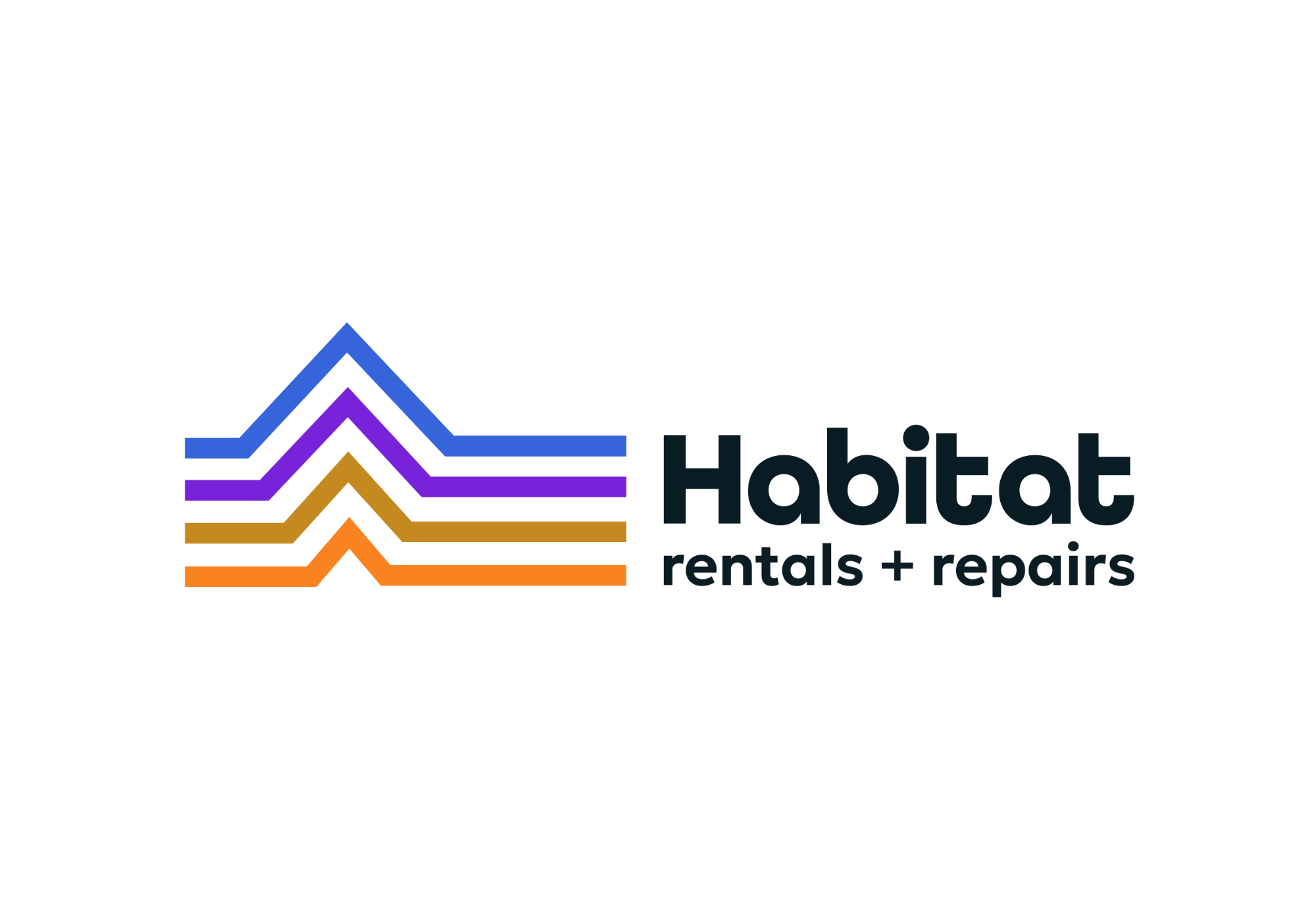 Colorful striped logo with text "Habitat rentals + repairs".