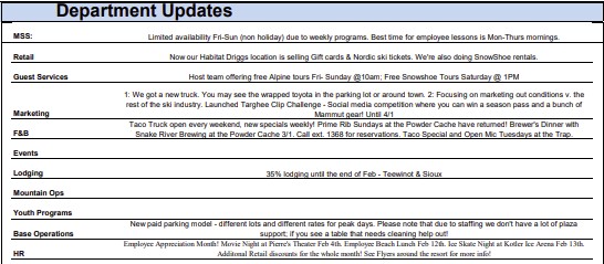 Department updates table with text in various sections.