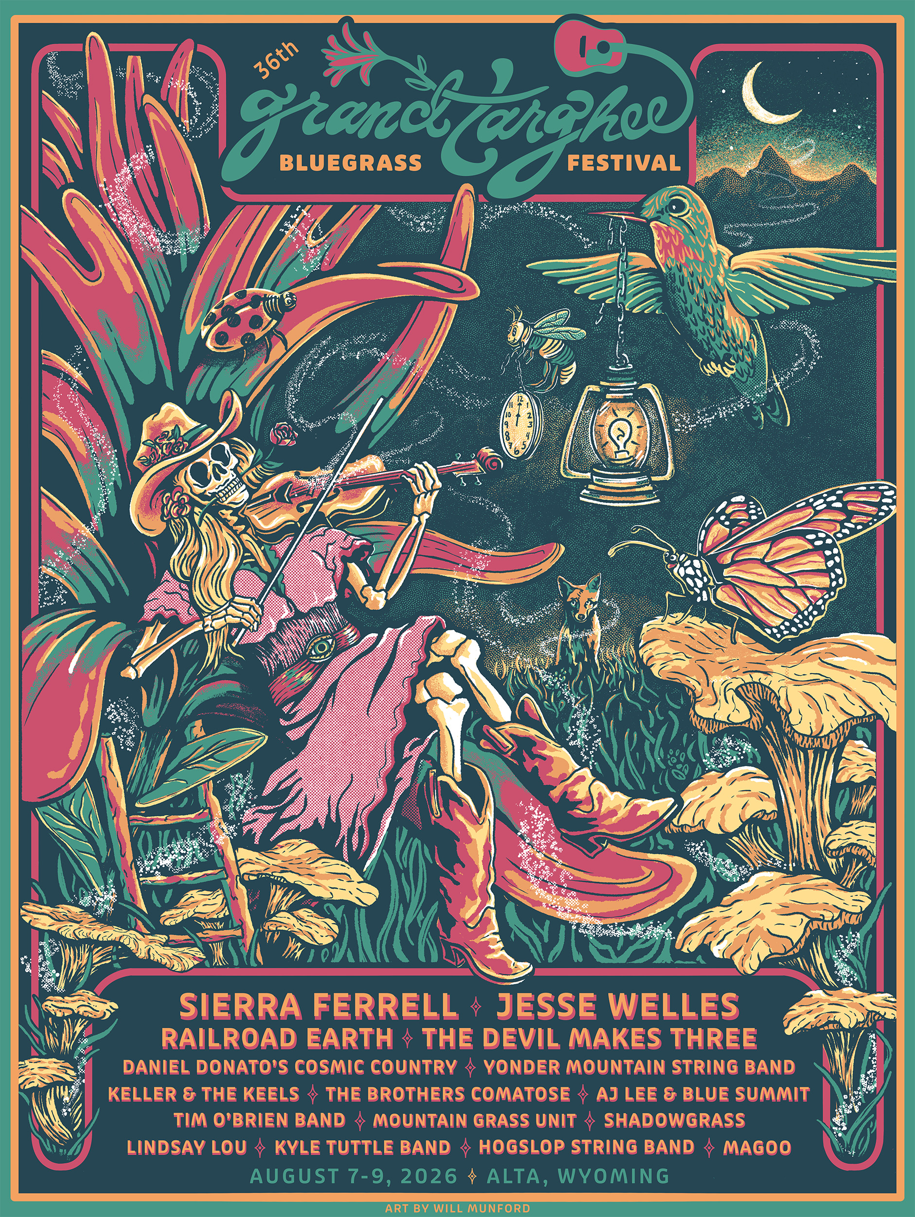Colorful festival poster with an elf playing a violin among giant mushrooms and flowers.