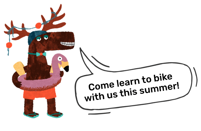 Cartoon moose with swim ring and speech bubble.learn to bike with fred