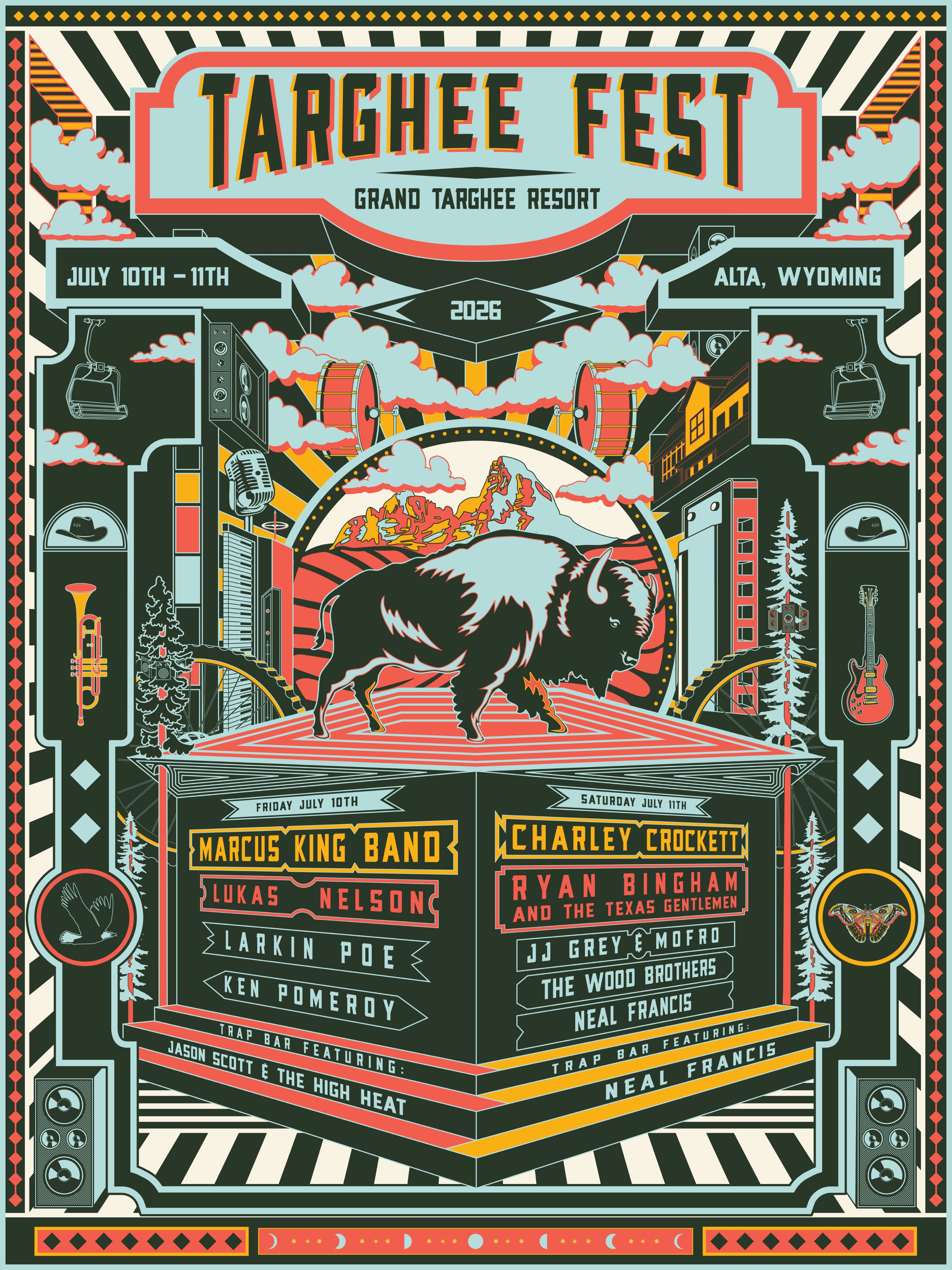 Colorful graphic poster with a buffalo and festival details.
