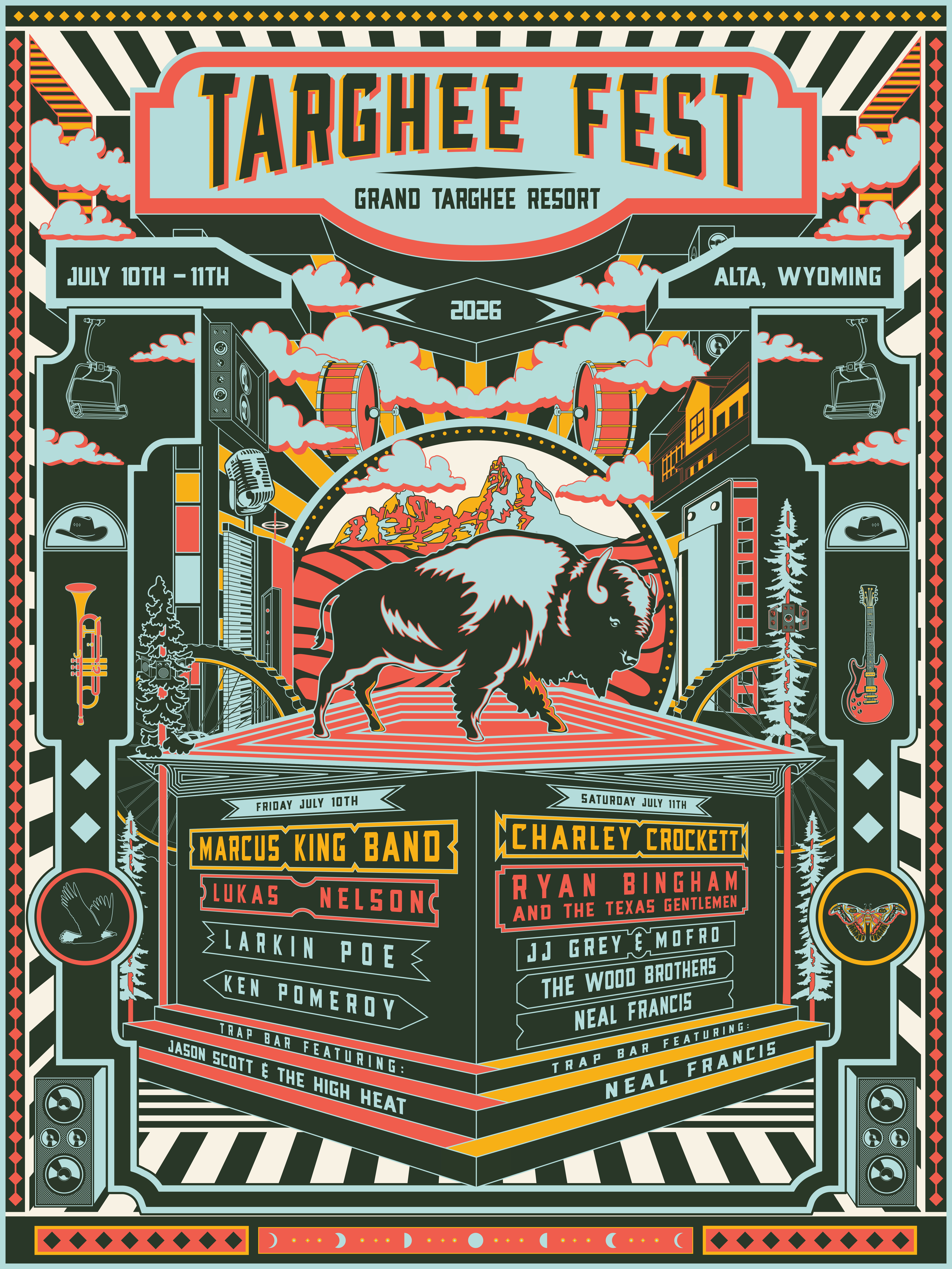 Colorful Targhee Fest poster with a buffalo and mountain background.