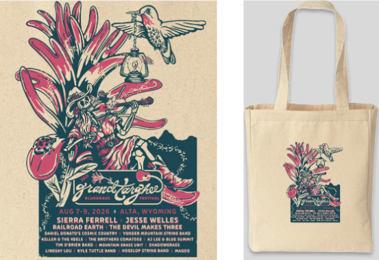 Floral graphic with bird on poster; same design on a beige tote bag.