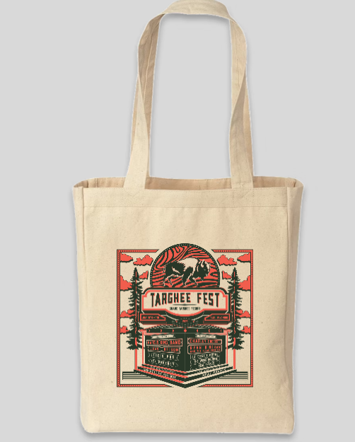 Canvas tote bag with a colorful forest and cabin design.