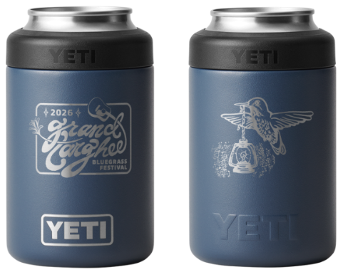 Blue YETI can coolers with engraved festival and bird designs.