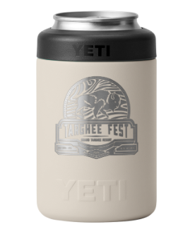 Beige Yeti can cooler with black lid and embossed logo.