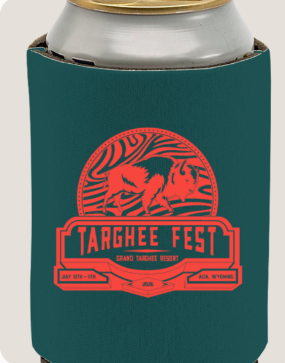 Koozie with Targhee Fest logo in red on dark green background.