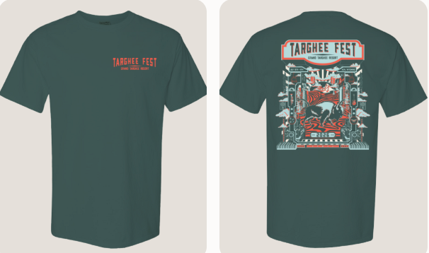 Dark green T-shirt with "Target Fest" in red on front and festival graphic on back.