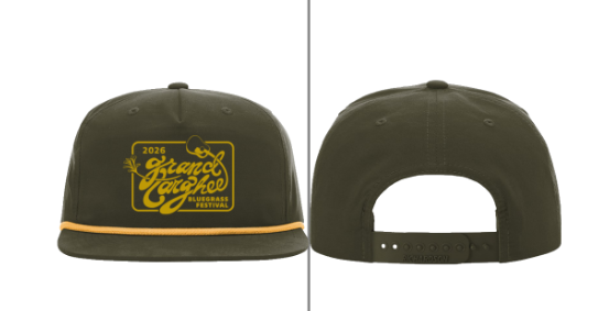 Dark green cap with yellow logo on front and adjustable strap on back.