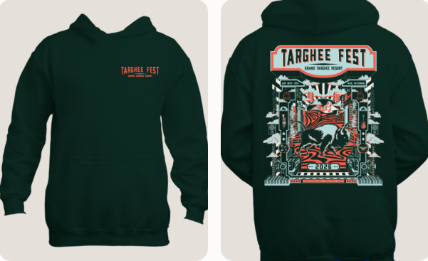 Black hoodie featuring Targhee Fest logo and colorful graphic on the back.