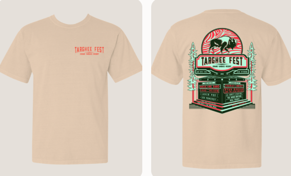 Tan T-shirt with red front text and colorful graphic on the back.