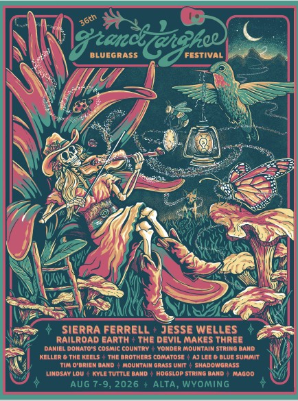 Festival poster with whimsical nature illustration, featuring musicians and plants.