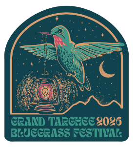 Hummingbird holding a lantern, moonlit night, Grand Targhee Bluegrass Festival logo.