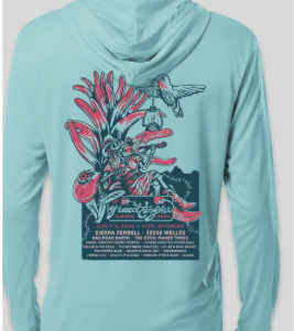 Teal hoodie with pink floral and hummingbird graphic on back.