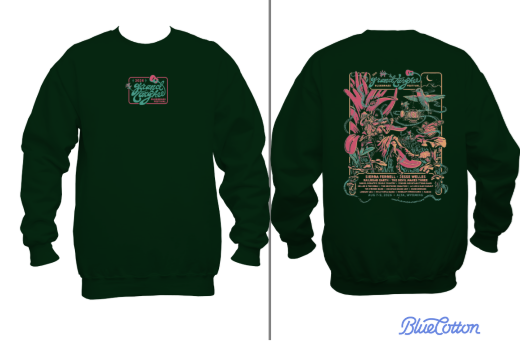 Black sweatshirt with colorful graphics front and back.