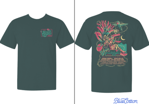 Dark green T-shirt with tropical plant design on back and small chest graphic.