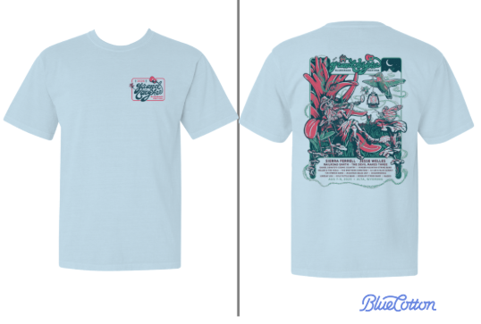 Light blue T-shirt with front and back floral design and text logo.