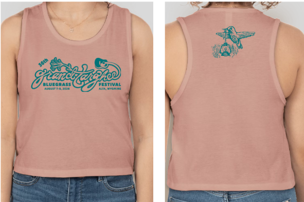 Pink sleeveless top with teal festival logo and text on front and back.
