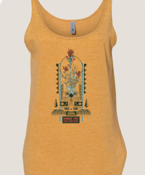 Orange tank top with a graphic of flowers growing from a skull.