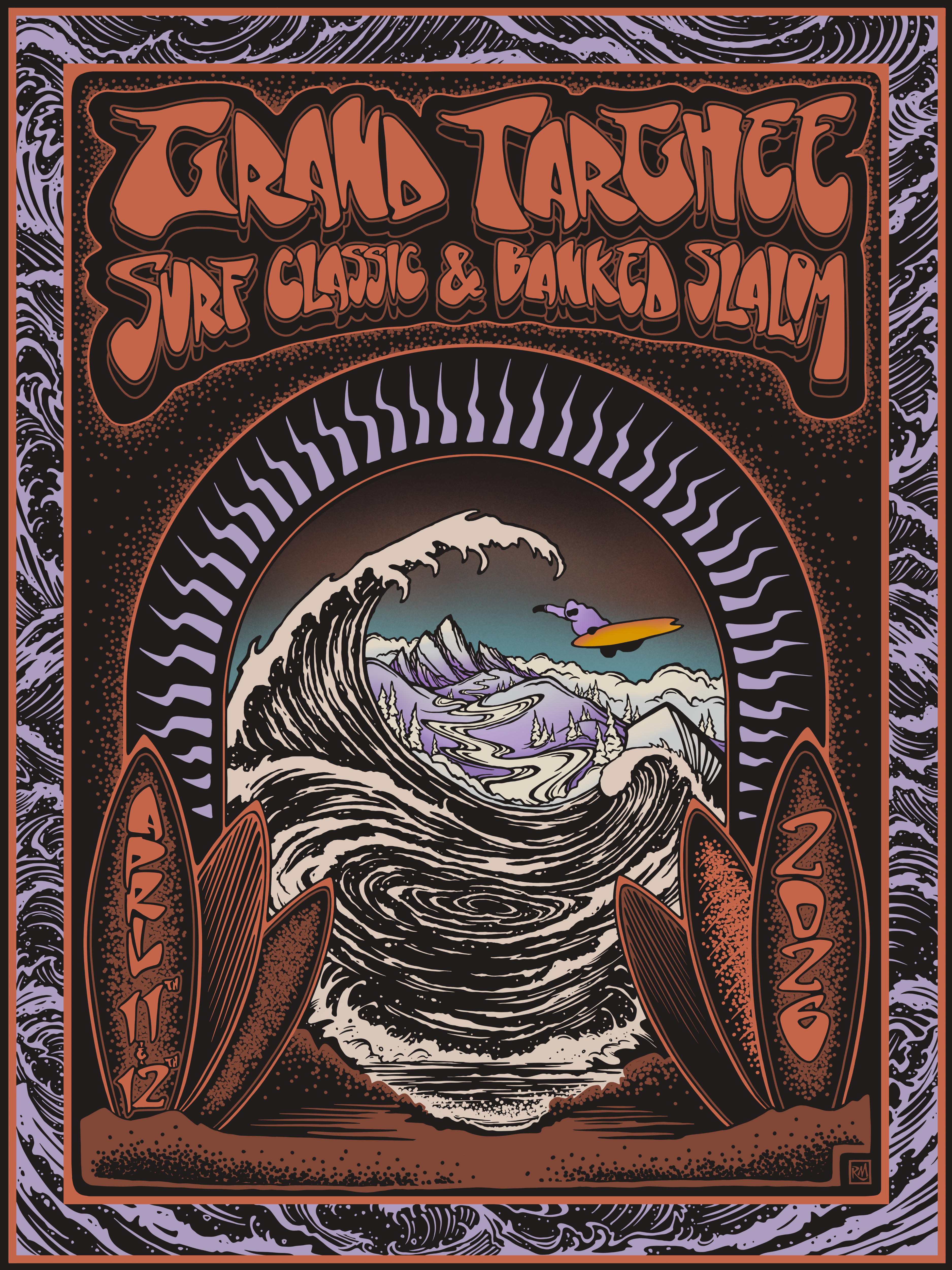 Colorful graphic of a mountain wave with surfboards, purple bird, and bold text above.