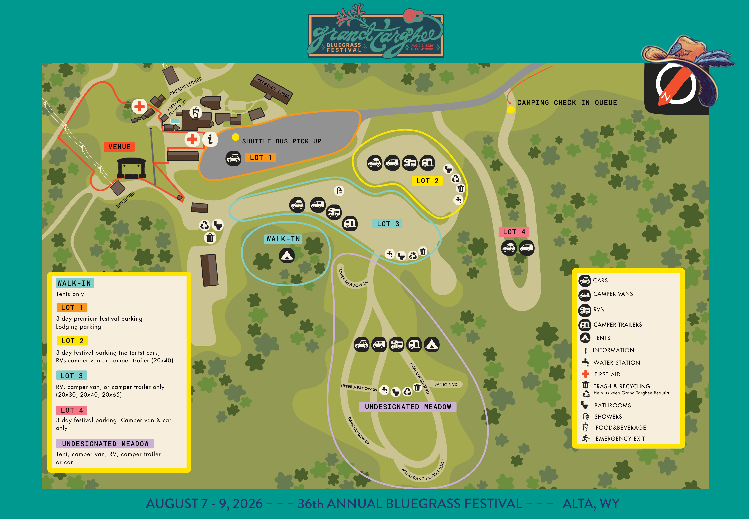 Map of a fairground layout with paths, stages, and activity areas.