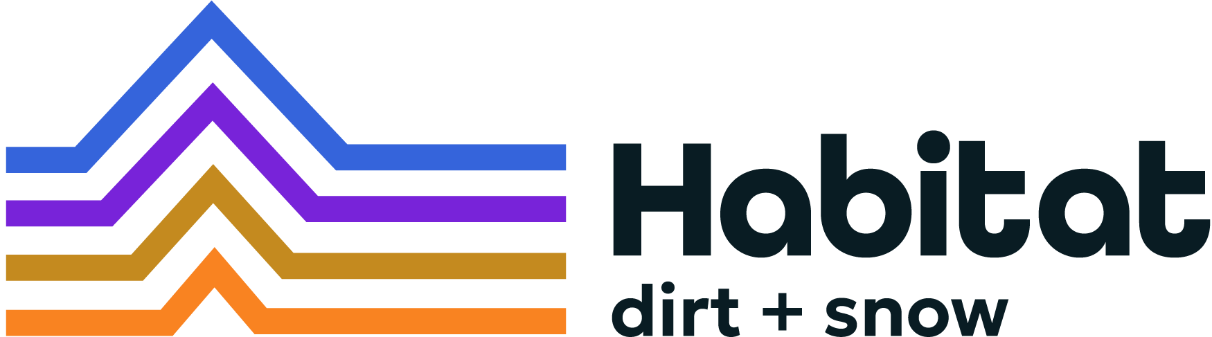 Colorful geometric logo with "Habitat dirt + snow" text.