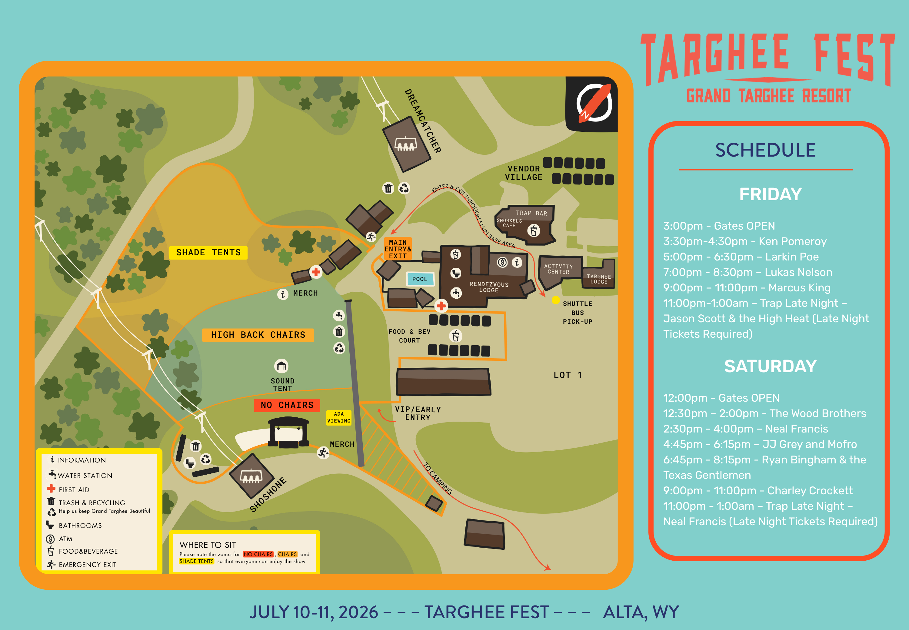 Festival map with stage, tent, and food areas marked. Schedule on right.