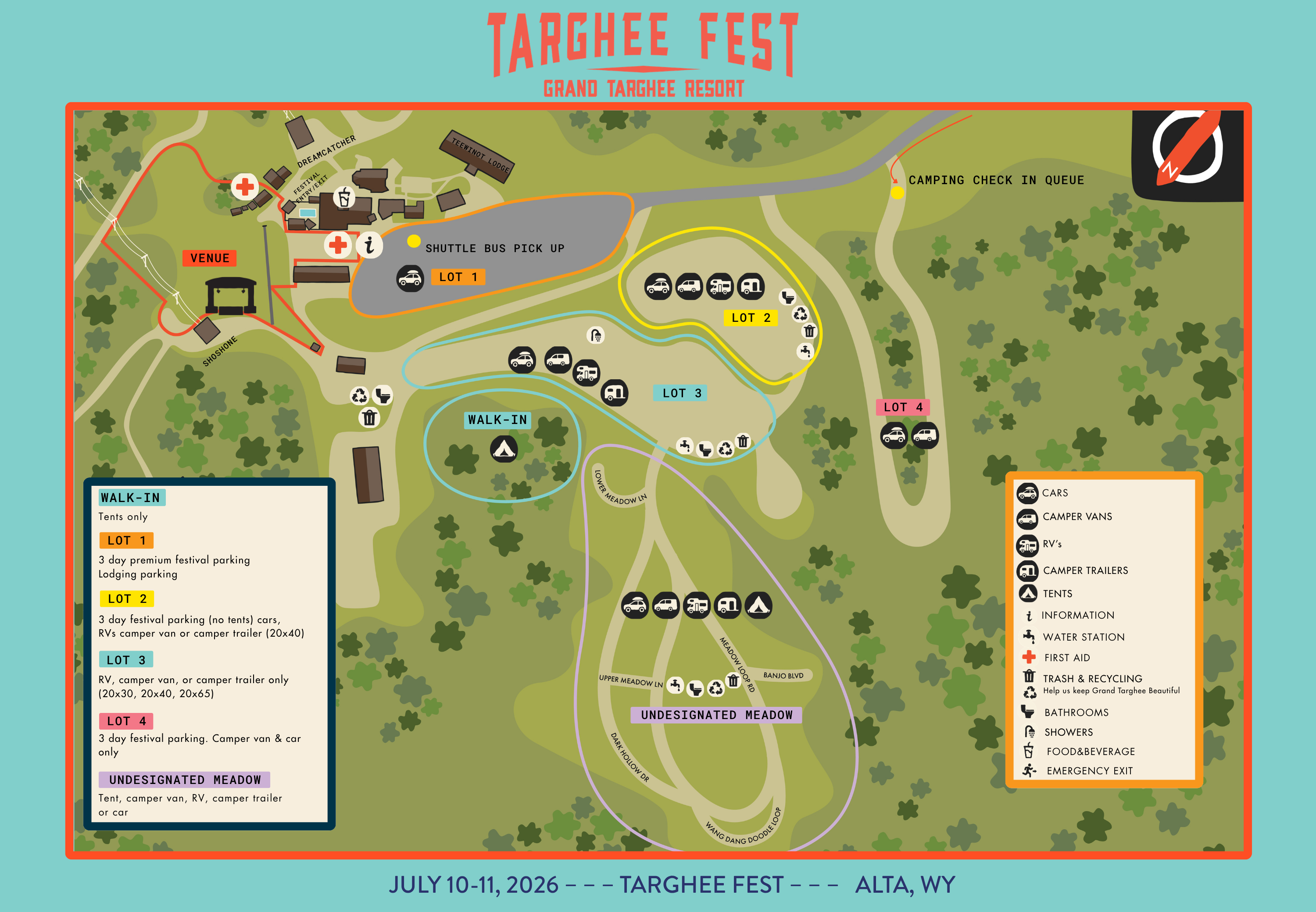 Targhee Fest map with stage areas, campsites, and trails marked.
