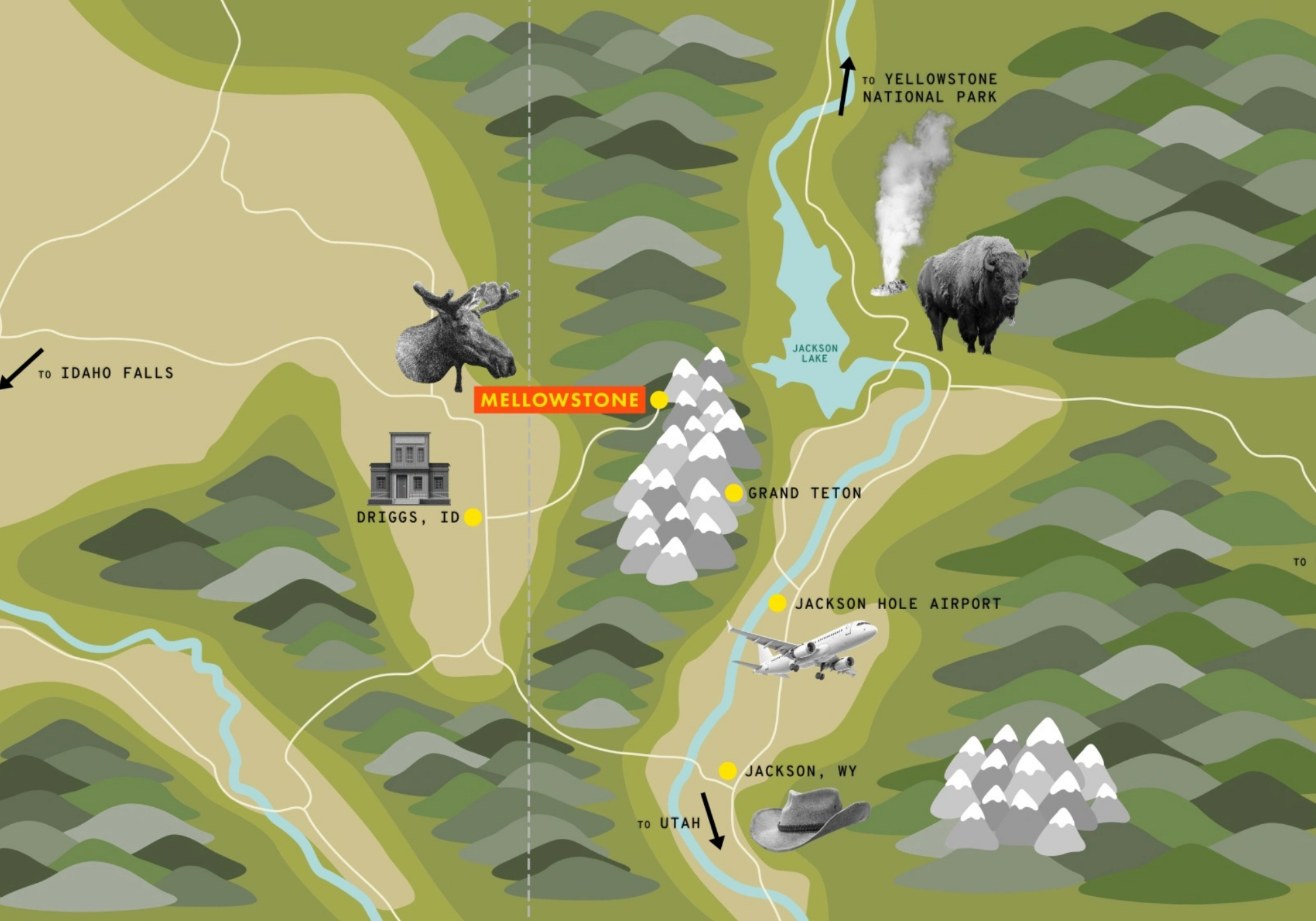 Yellowstone map illustration with animals and landmarks.
