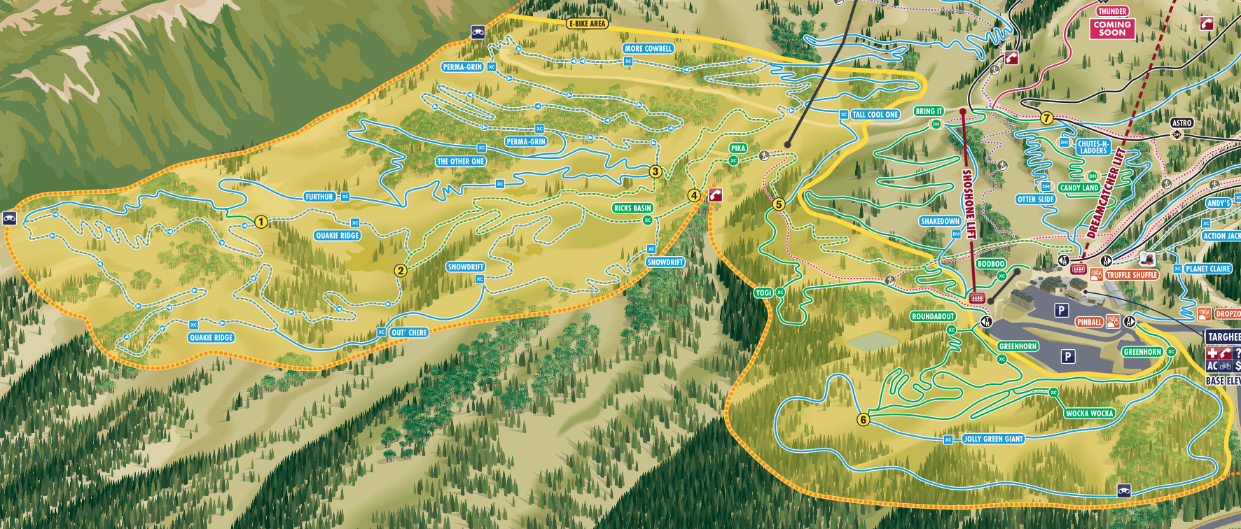 Ski resort map with trails, lifts, and wooded areas.