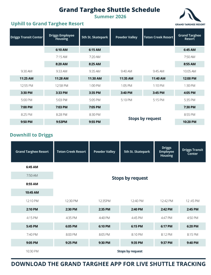 Grand Targhee Shuttle schedule table for summer 2024.