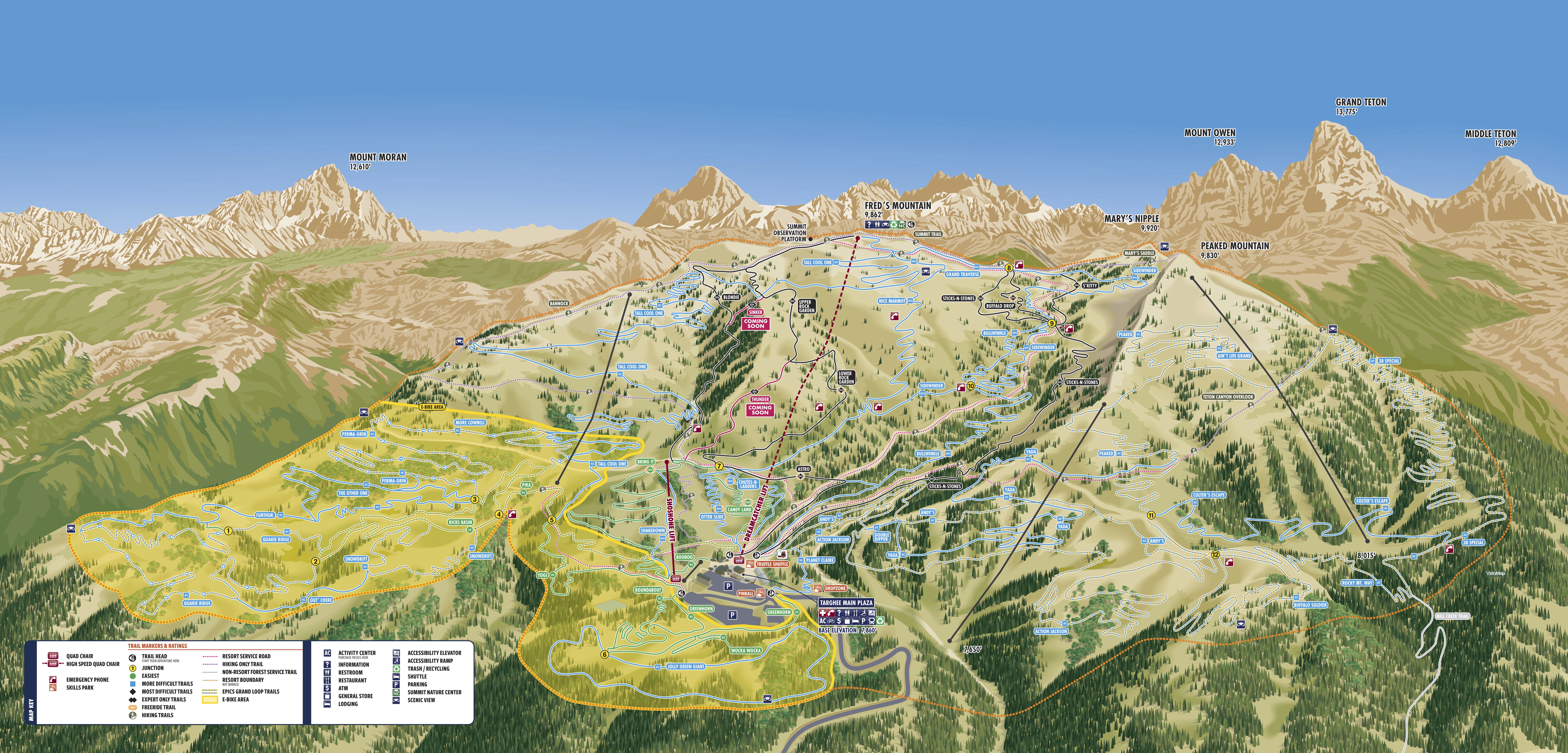 Ski resort trail map with mountains and labeled runs.