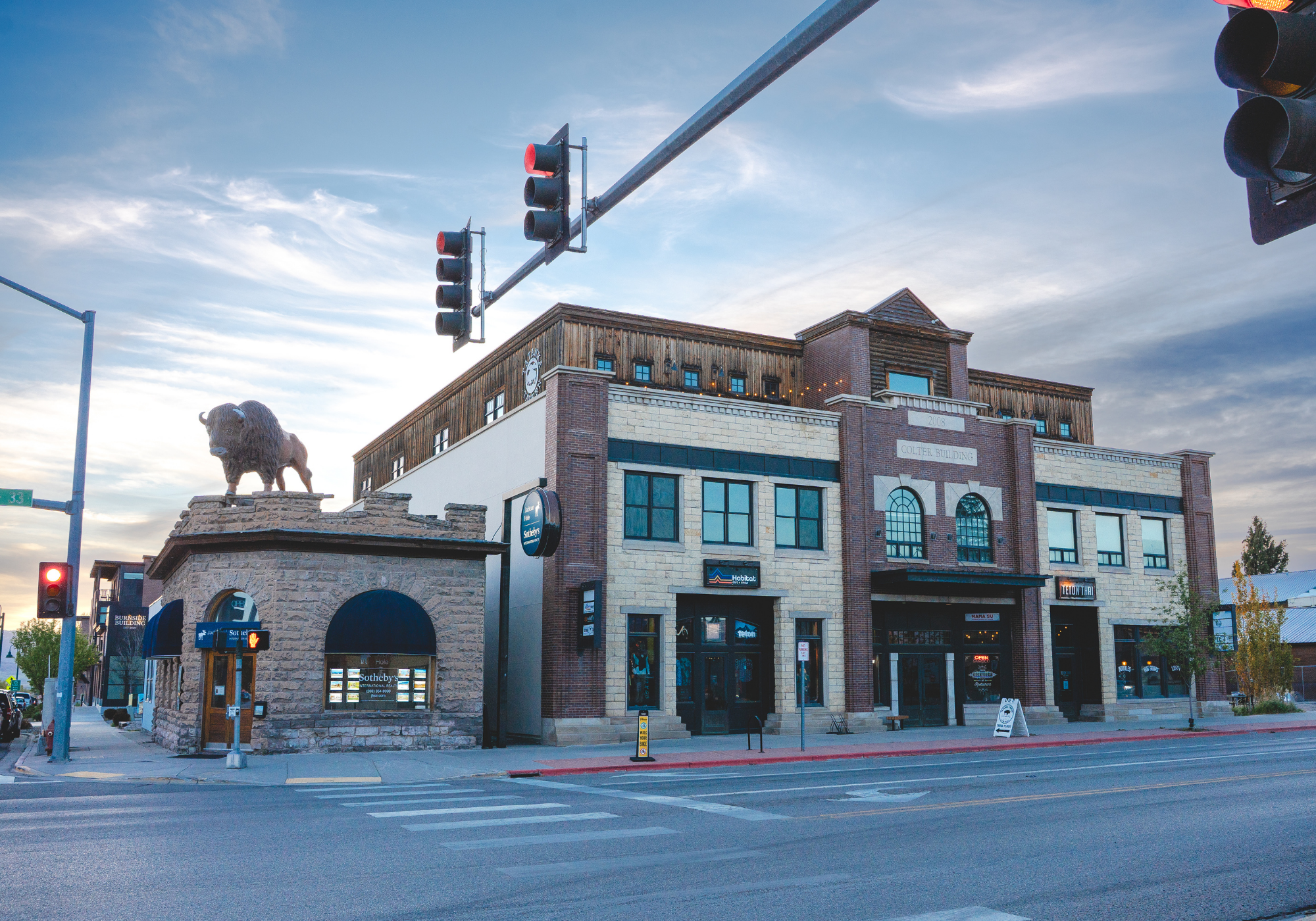 Historic brick building with a bison statue, under a cloudy sky at a street corner.