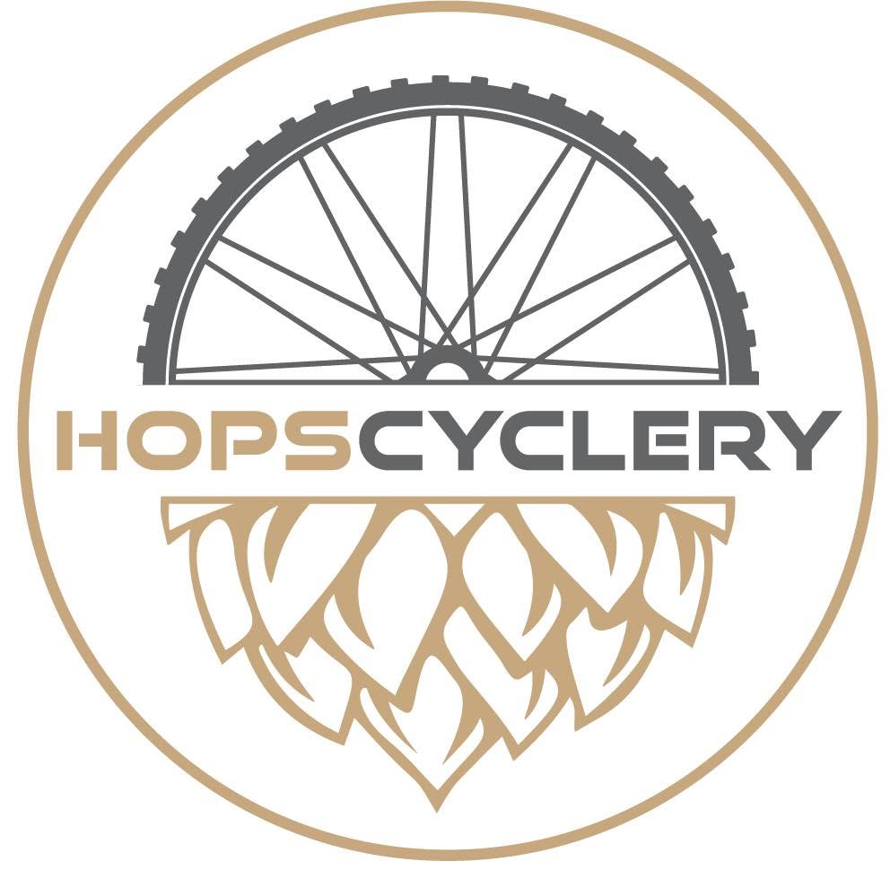 Bicycle wheel graphic with hops, text reads "Hops Cyclery."