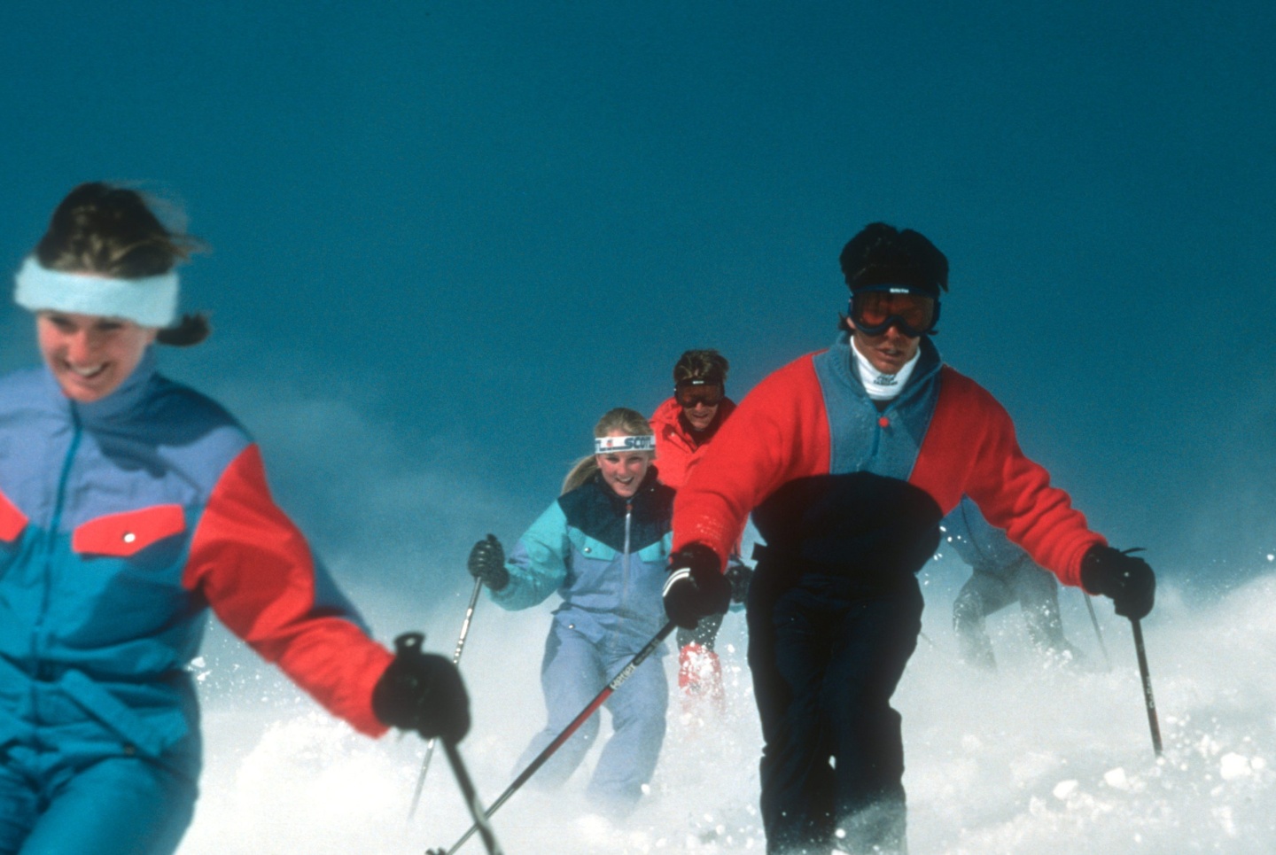 A group of skiers from the 80s