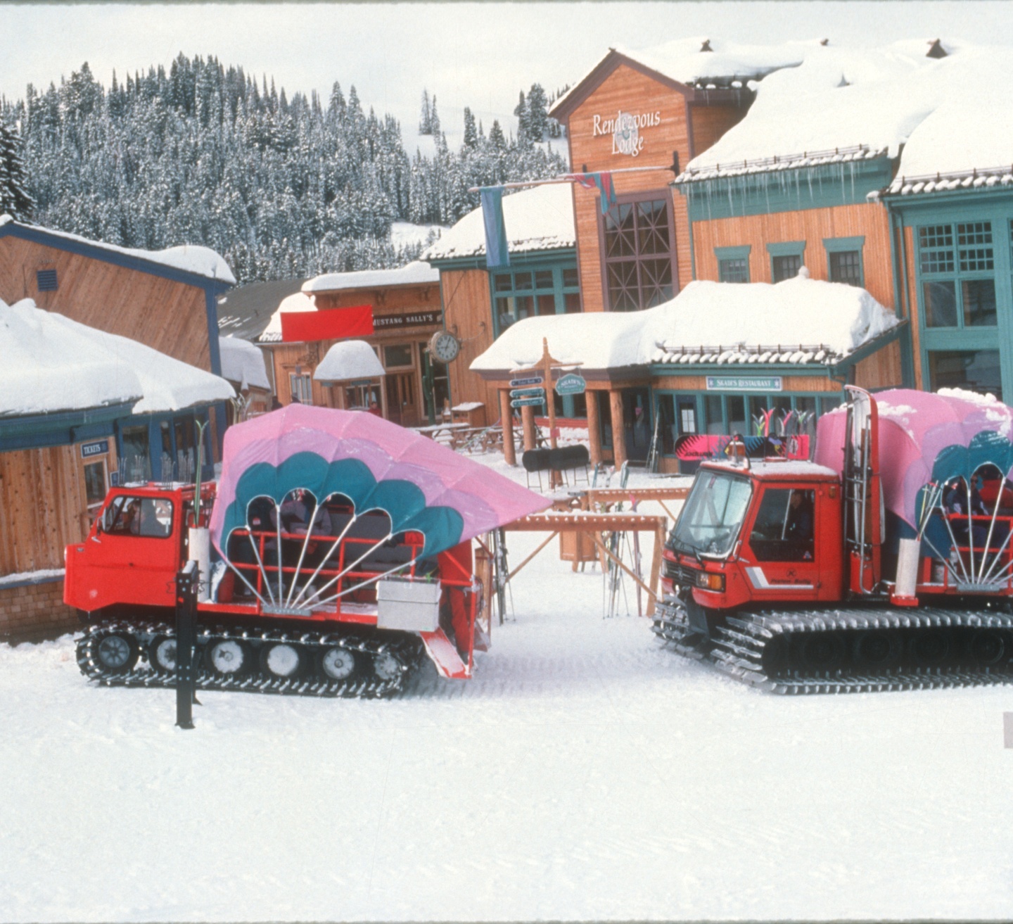 An old photo of a ski resort base area from the 80s