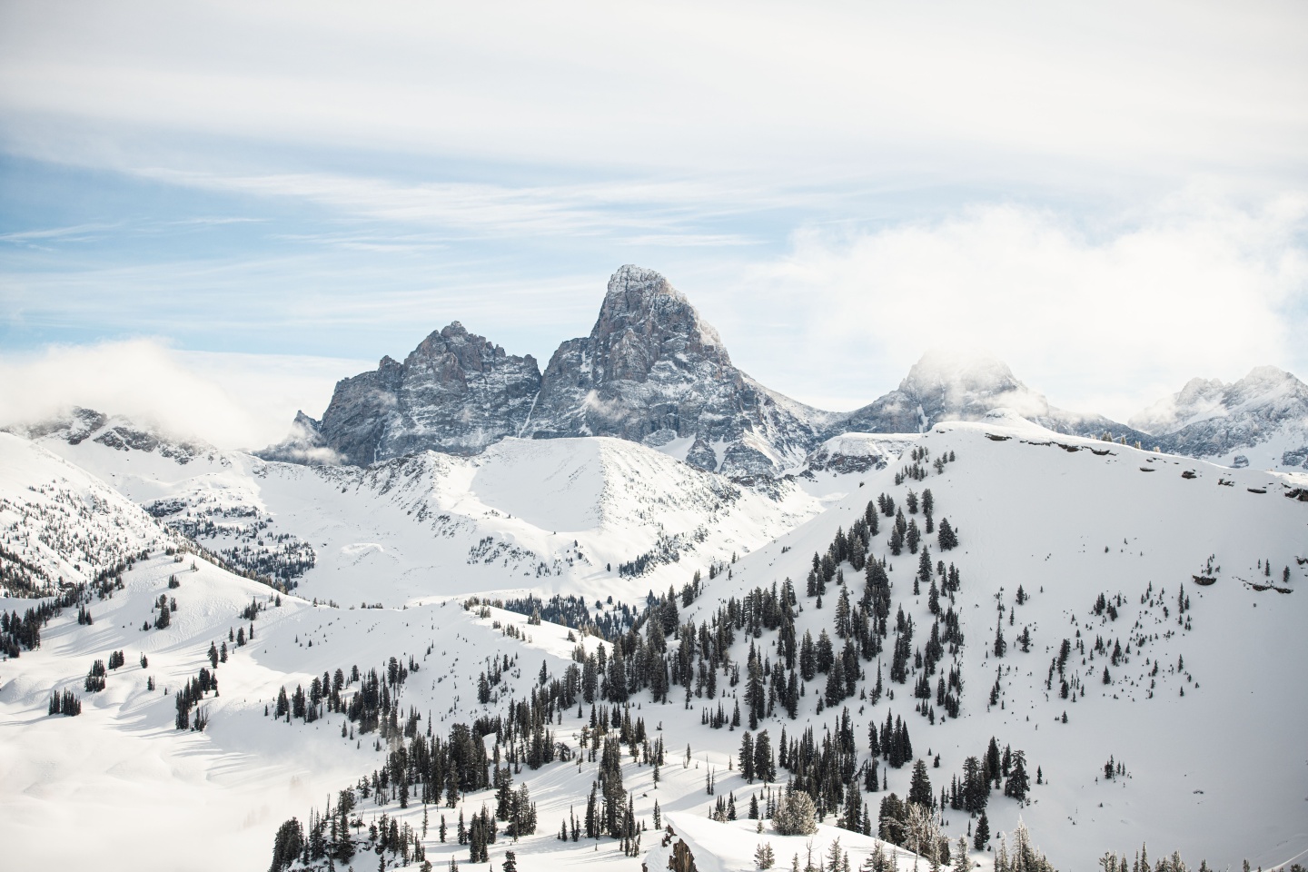 A view of the Teton mountain range in winter