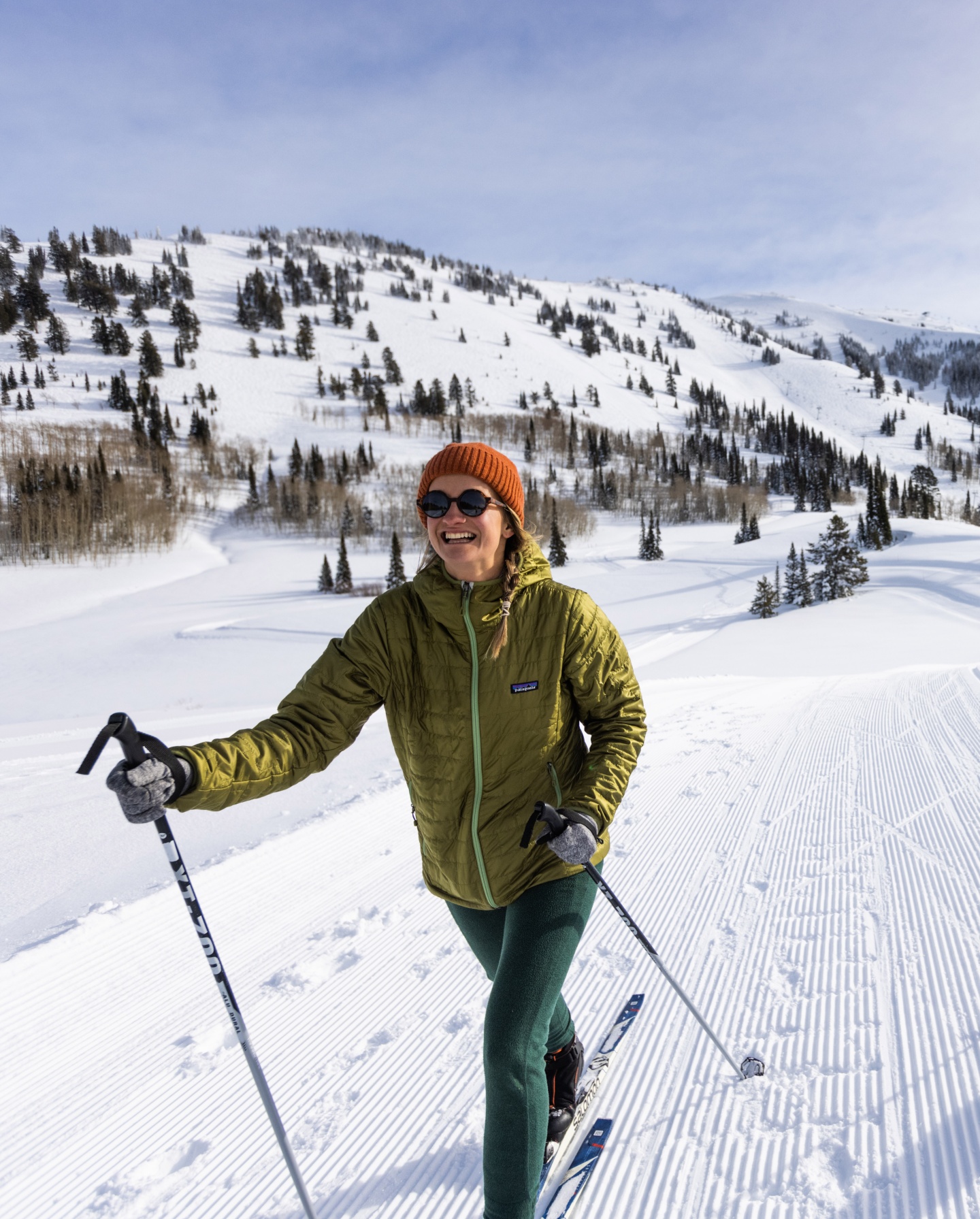 A woman nordic skiing